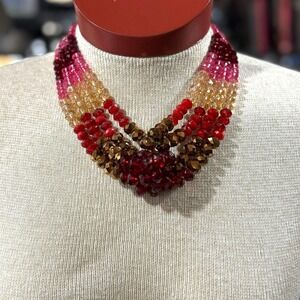 Erica Lyons Necklace Pink Red Gold Glass Faceted Beads Multi Strand Twisted